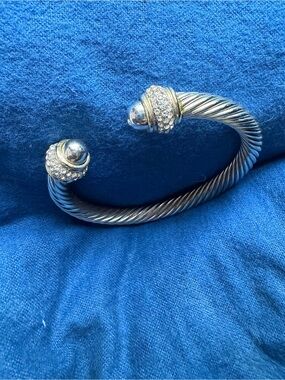 Twisted Cable Open Cuff Bracelet with Pave Crystal Endcaps - Silver